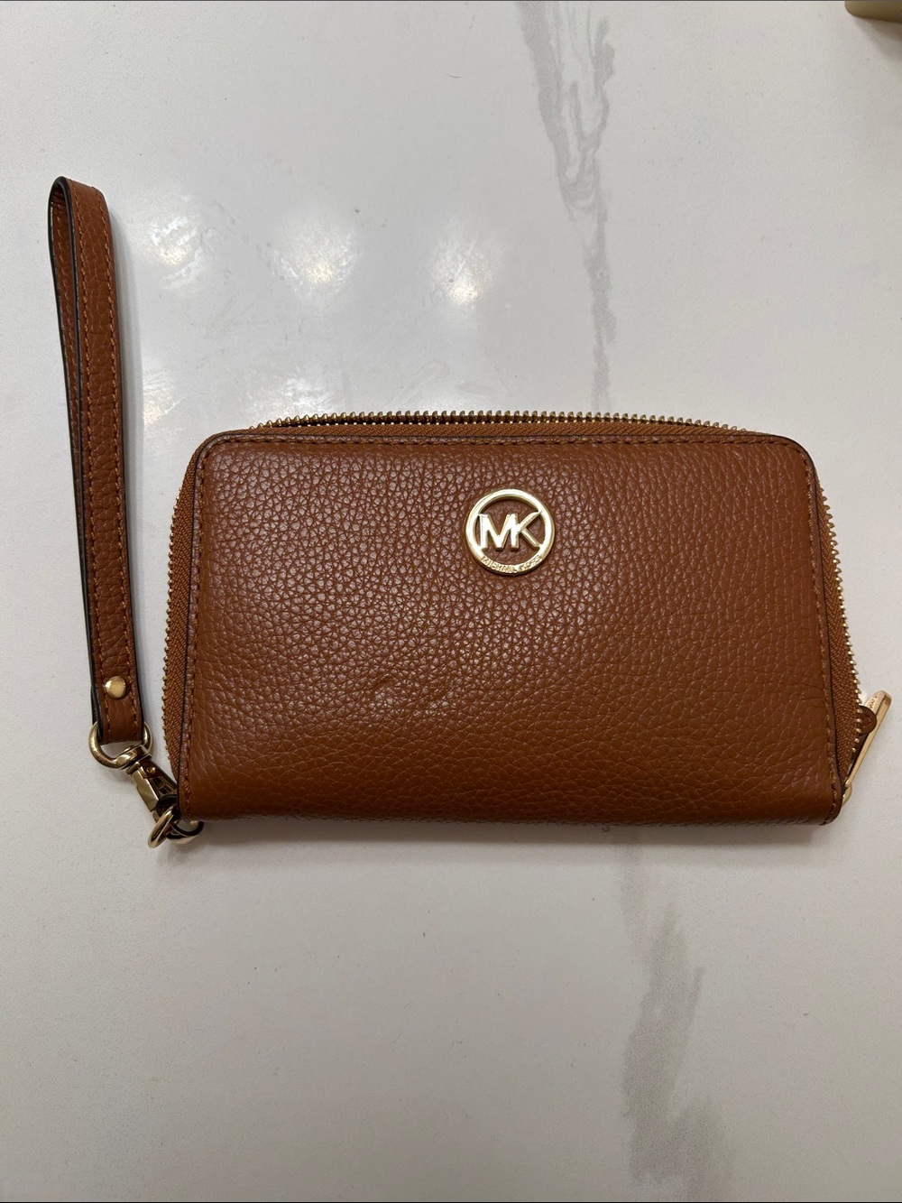 Michael Kors Cognac Pebbled Leather Wristlet Clutch